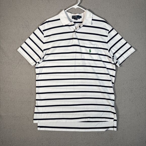 Polo By Ralph Lauren Polo Shirt Men’s Size L White Navy Blue Stripes Green Pony - Picture 1 of 12